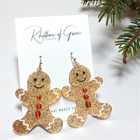 Gingerbread Man Christmas Dangle Earrings – Sparkly Holiday Jewelry, NWT - Picture 5 of 7